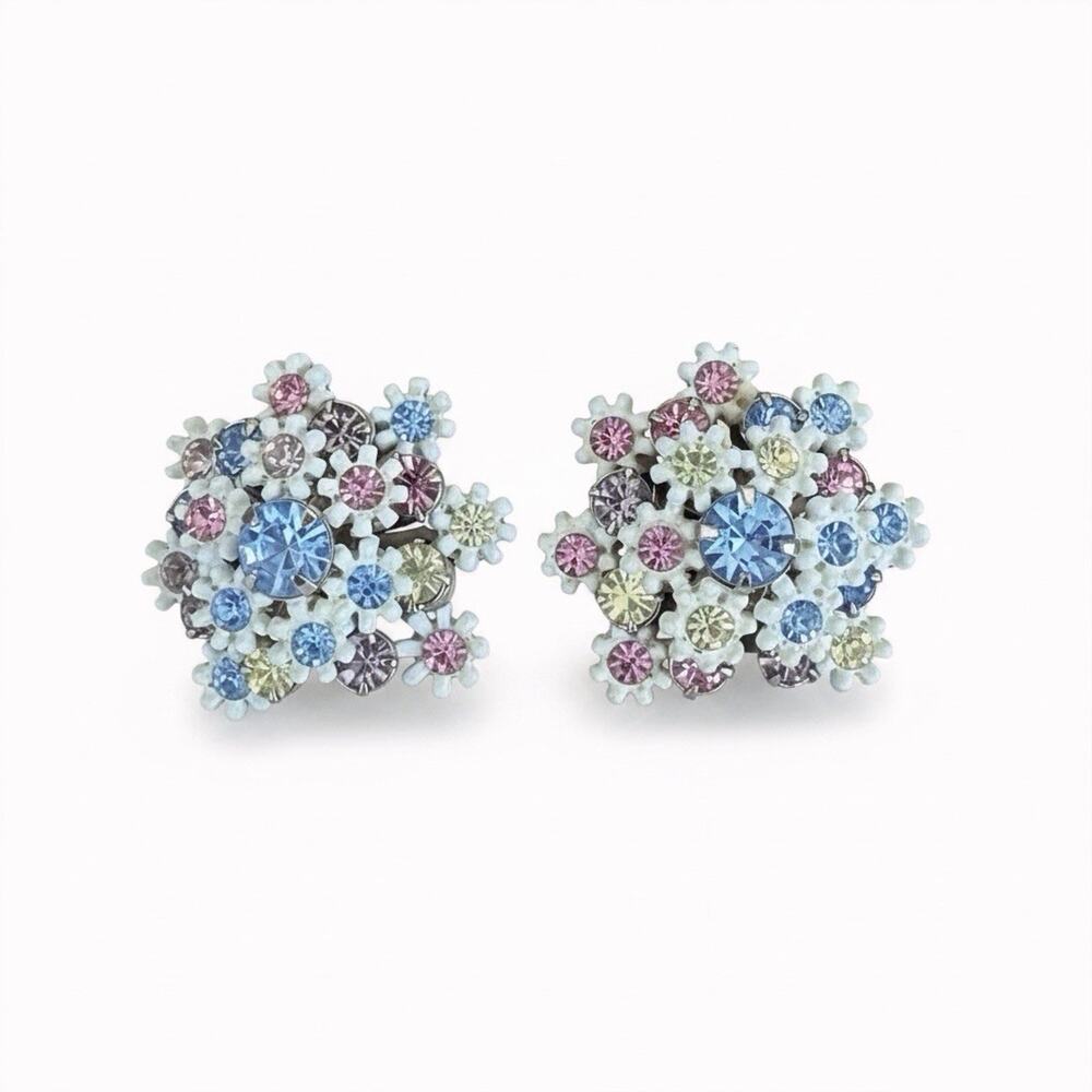 Vintage LERU White Daisy Floral Cluster Multicolor Rhinestone Clip On Earrings